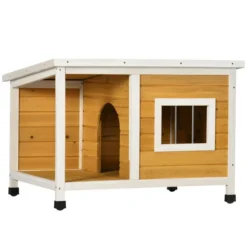 PawHut Caseta Para Perros De Madera 85,5x62x60 Cm Casa Para Mascotas Refugio Para Perros Con Techo Asfáltico Impermeable Y Ventana Para Interior Exterior Natural. 85.5 Cm X 62 Cm X 60 Cm