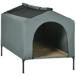 PawHut Caseta Para Perros Con Cubierta Exterior 130x85x95 Cm Cama Elevada Para Mascotas Con Cojín Y Ventanas De Malla Enrollable Para Perros Grandes Gris. 130 Cm X 85 Cm X 95 Cm -Pet Tienda 831a6009f5b04c38a1b9f06a2bde76de